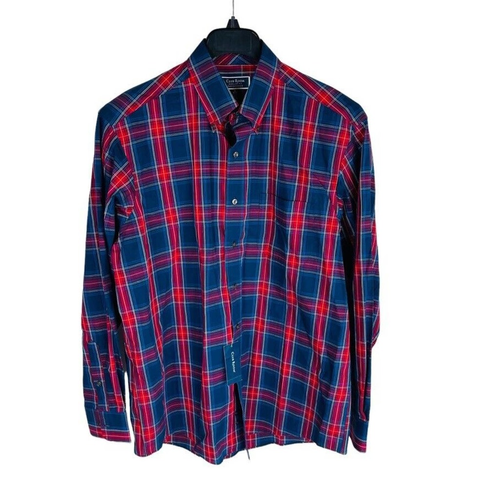 New Club Room Mens Dress Shirt 16 34/35 Performance Red Blue Plaid Regular Fit